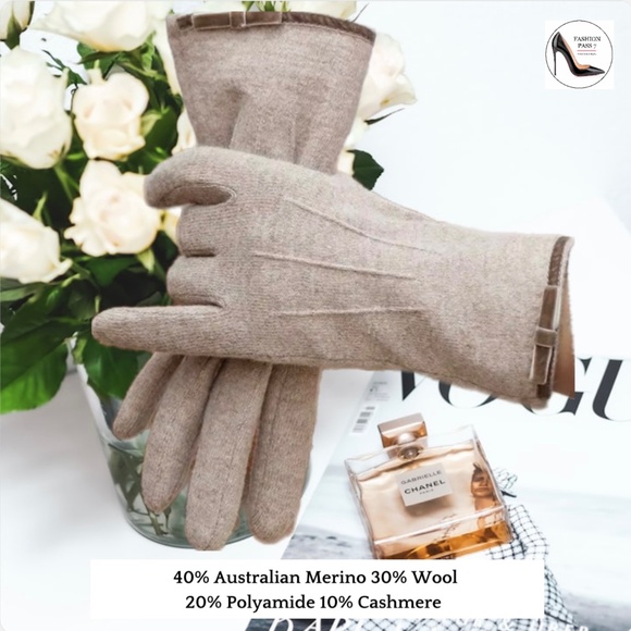 Cashmere & Wool Blend Gloves Accessories - Luxury Cashmere Merino Wool Gloves Classic Beige Driving Winter mittens with bow